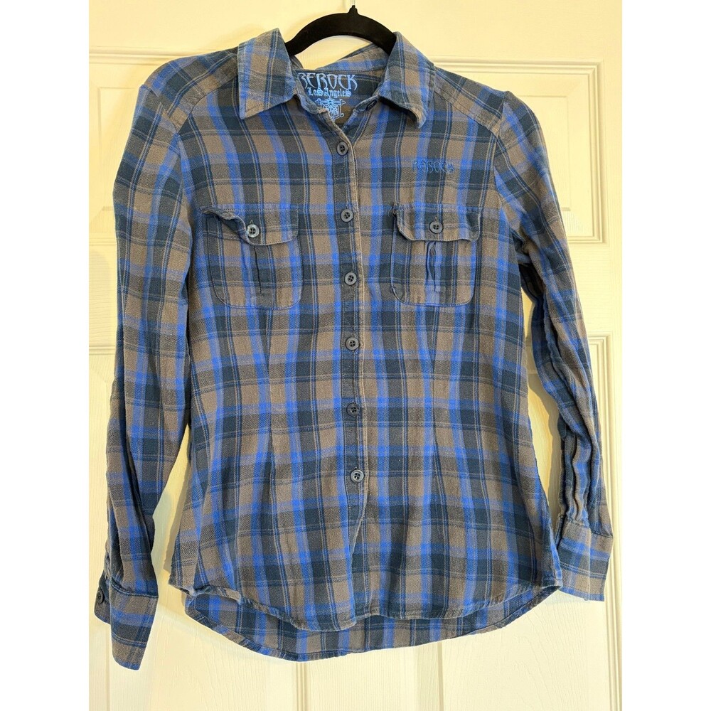 Vintage Rerock Los Angeles Blue Plaid Pocket Flannel Shirt Women's Size Medium M